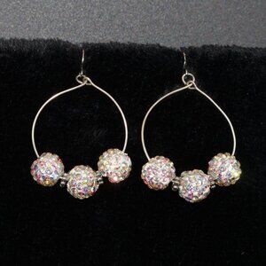 Large round aurora borealis rhinestone silver hoop earrings